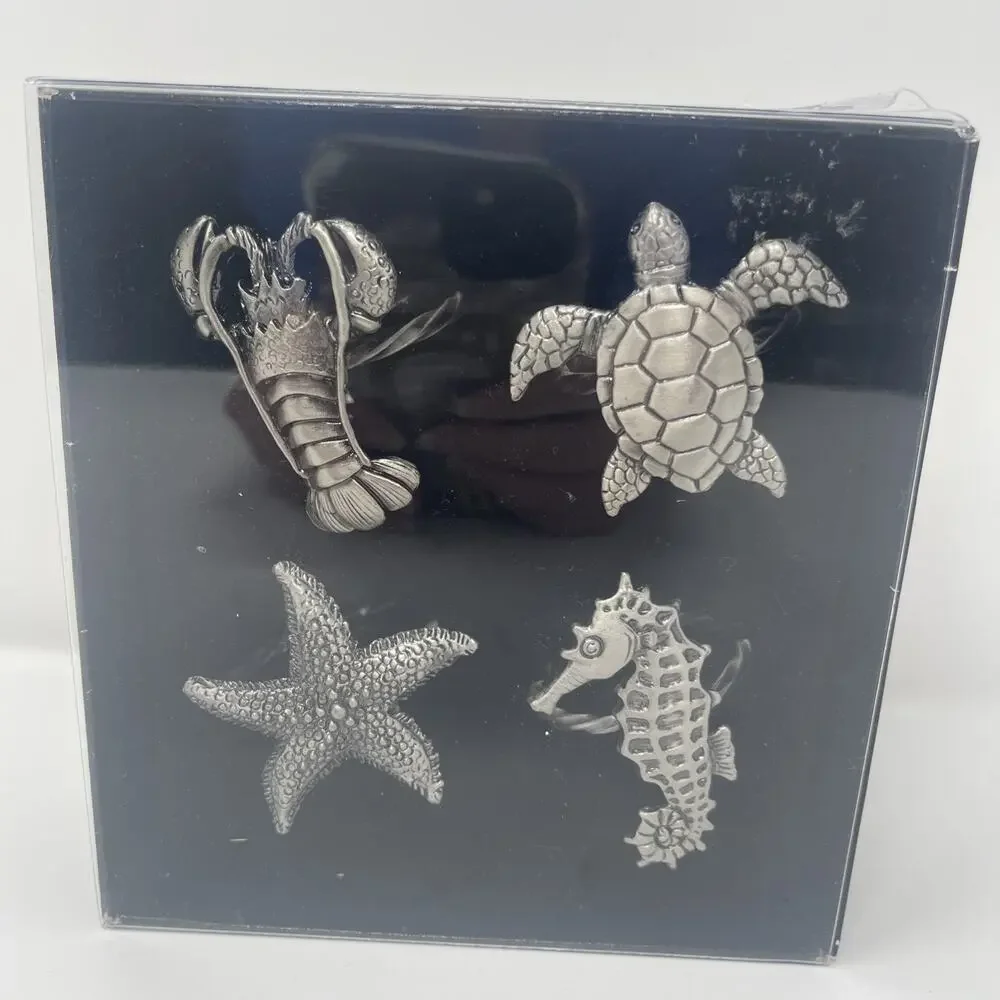Pewter Napkin Rings Lobster Turtle Starfish Seahorse Set 4 Nautical Sealife New